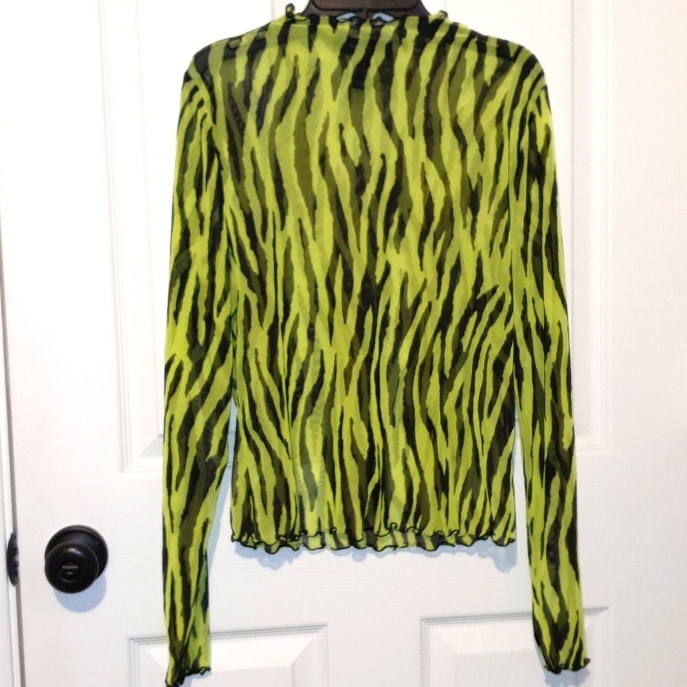 Green Striped Long Sleeve Mesh Top